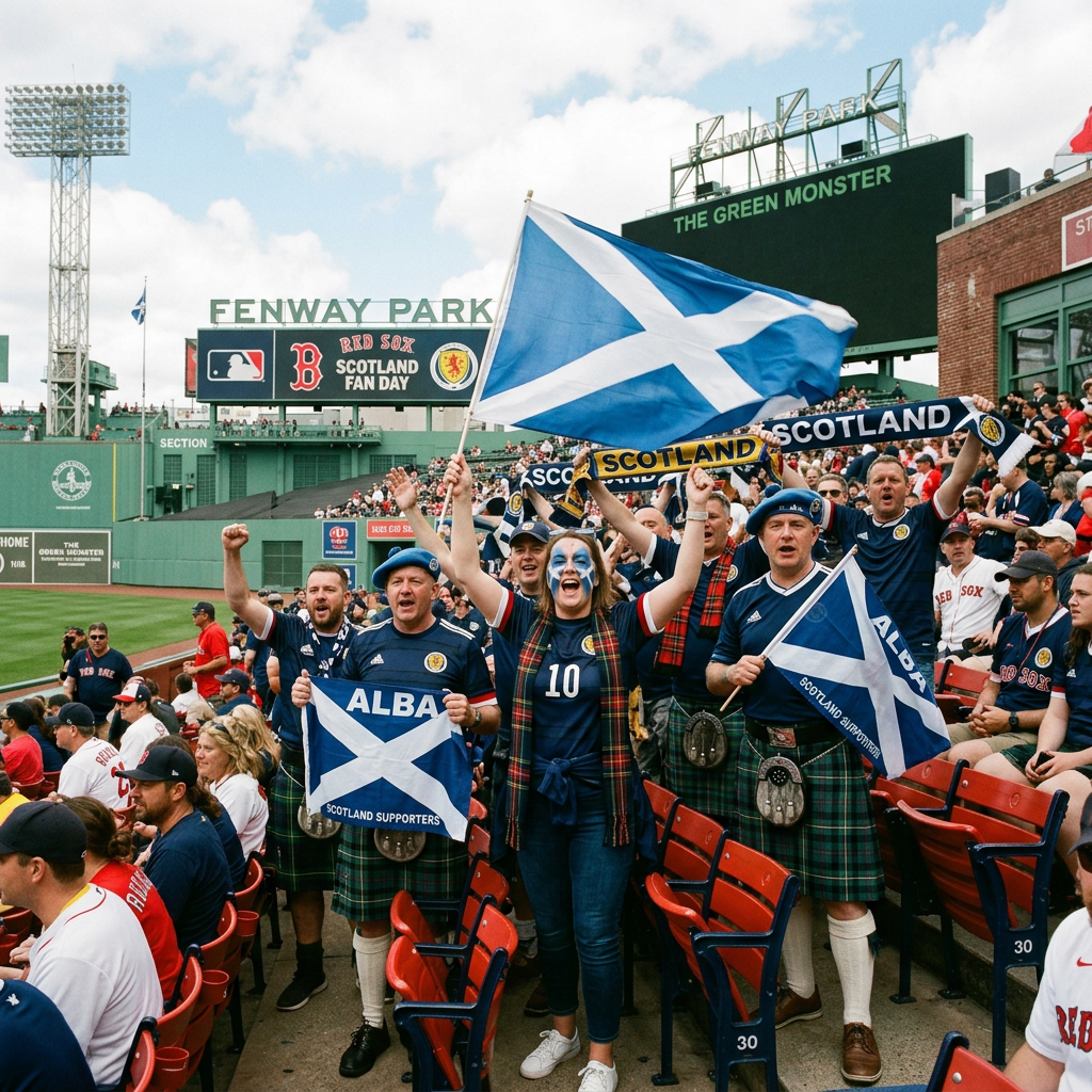 Group of enthusiastic Scotland fans holding flags and scarves inside Fenway Park